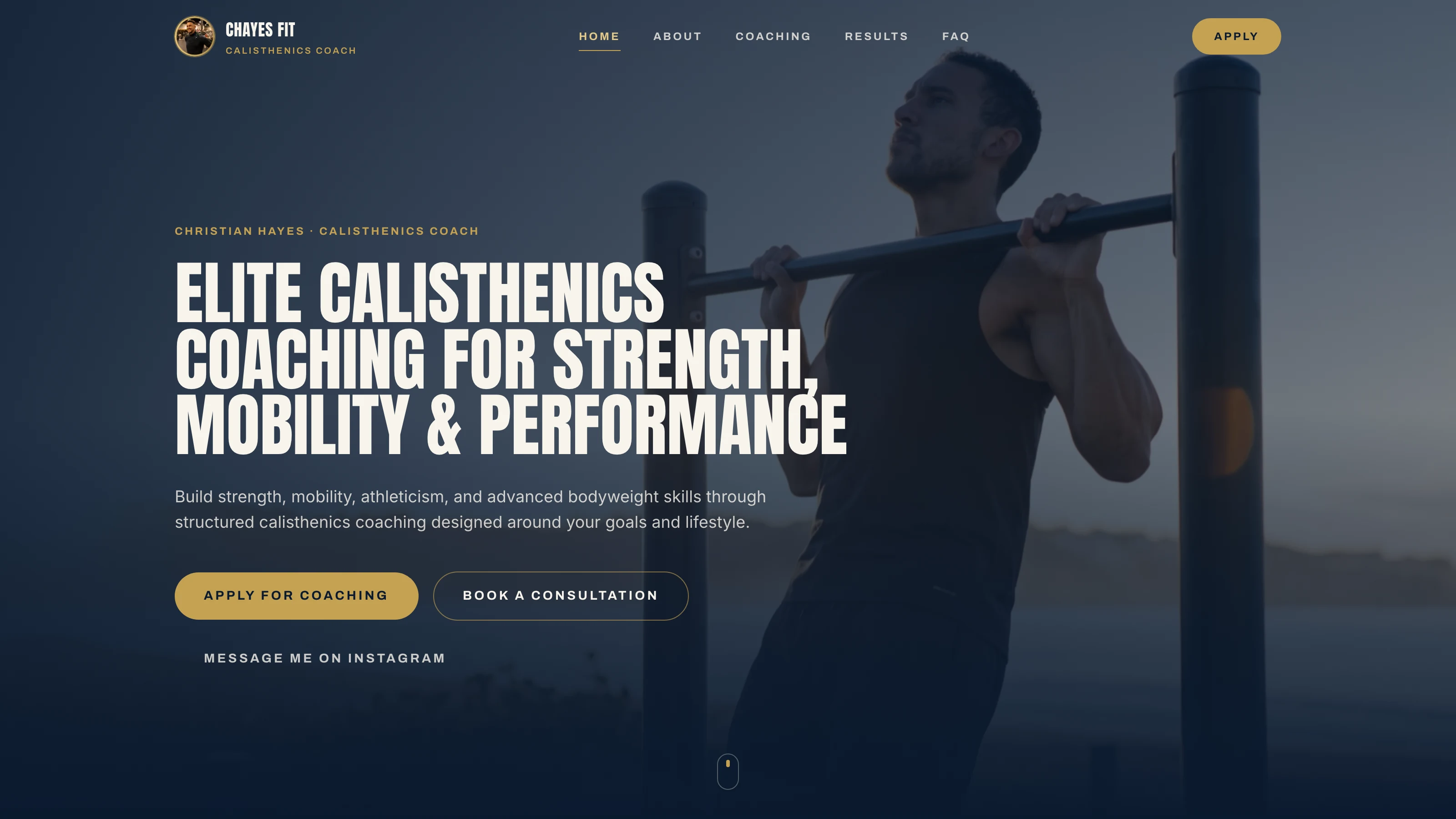 The Chayes Fit home page, the coaching offer stated over a full-width photograph.
