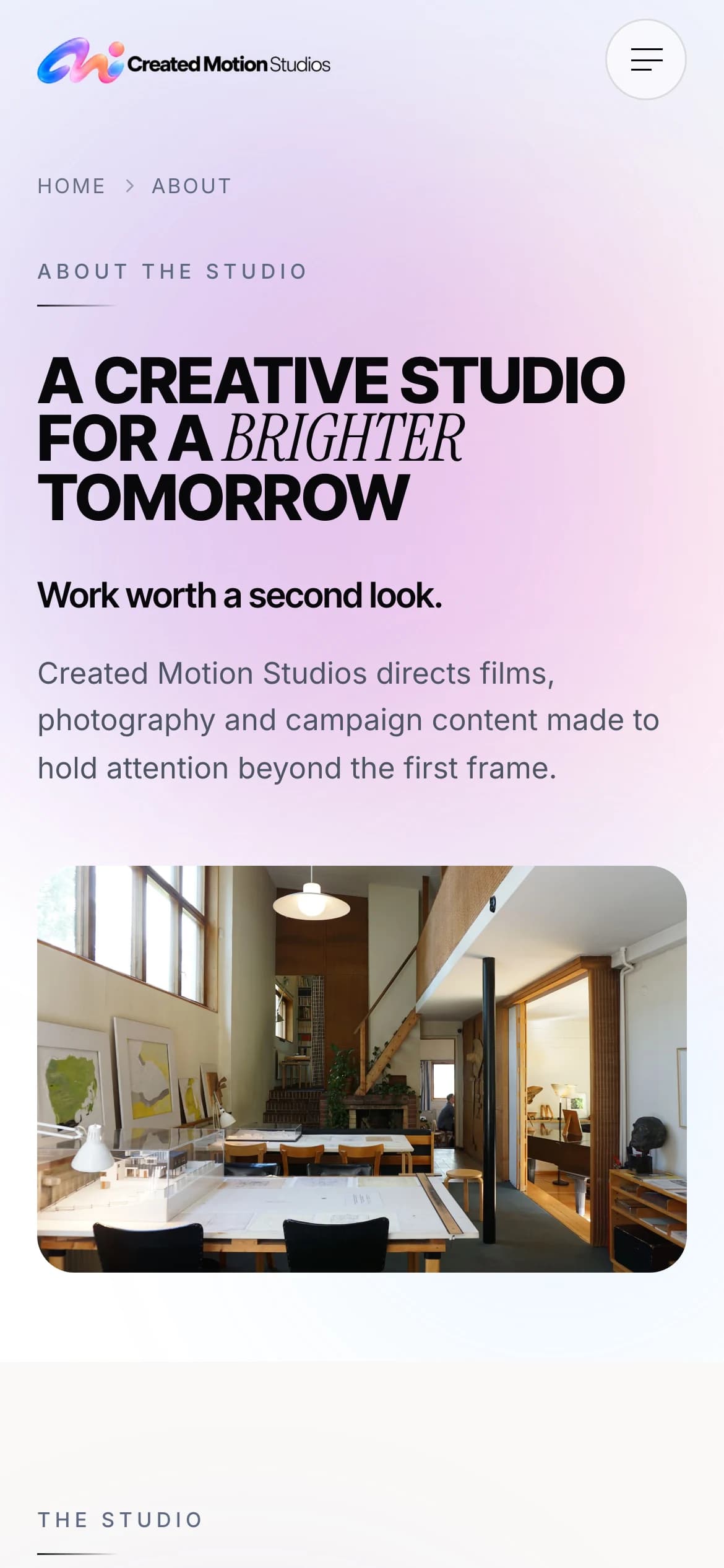 The Created Motion Studios about page on a phone.