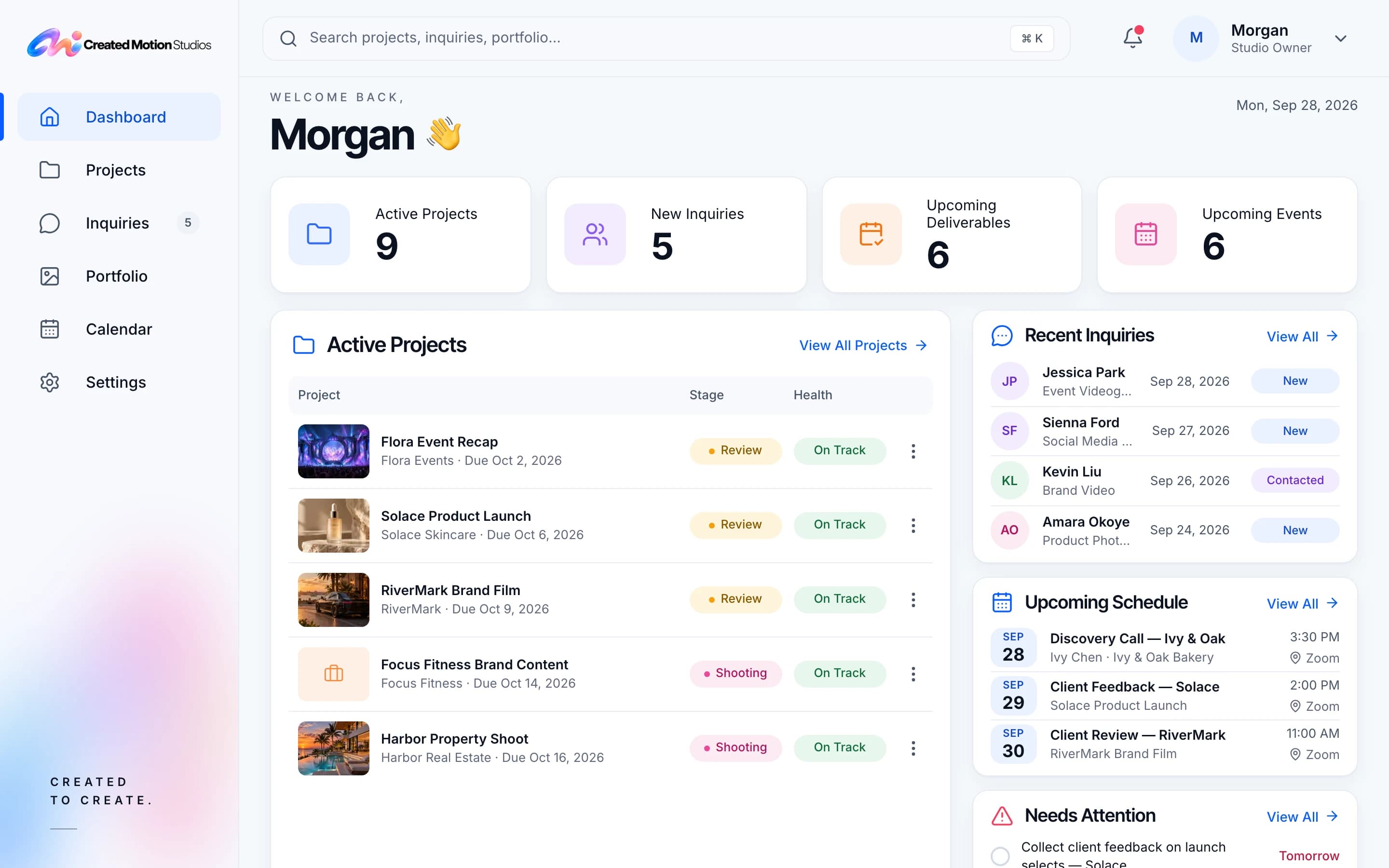 The studio admin’s dashboard, shown with demonstration data: counts of active projects, new inquiries, deliverables and events, above the active projects, recent inquiries and the week’s schedule.