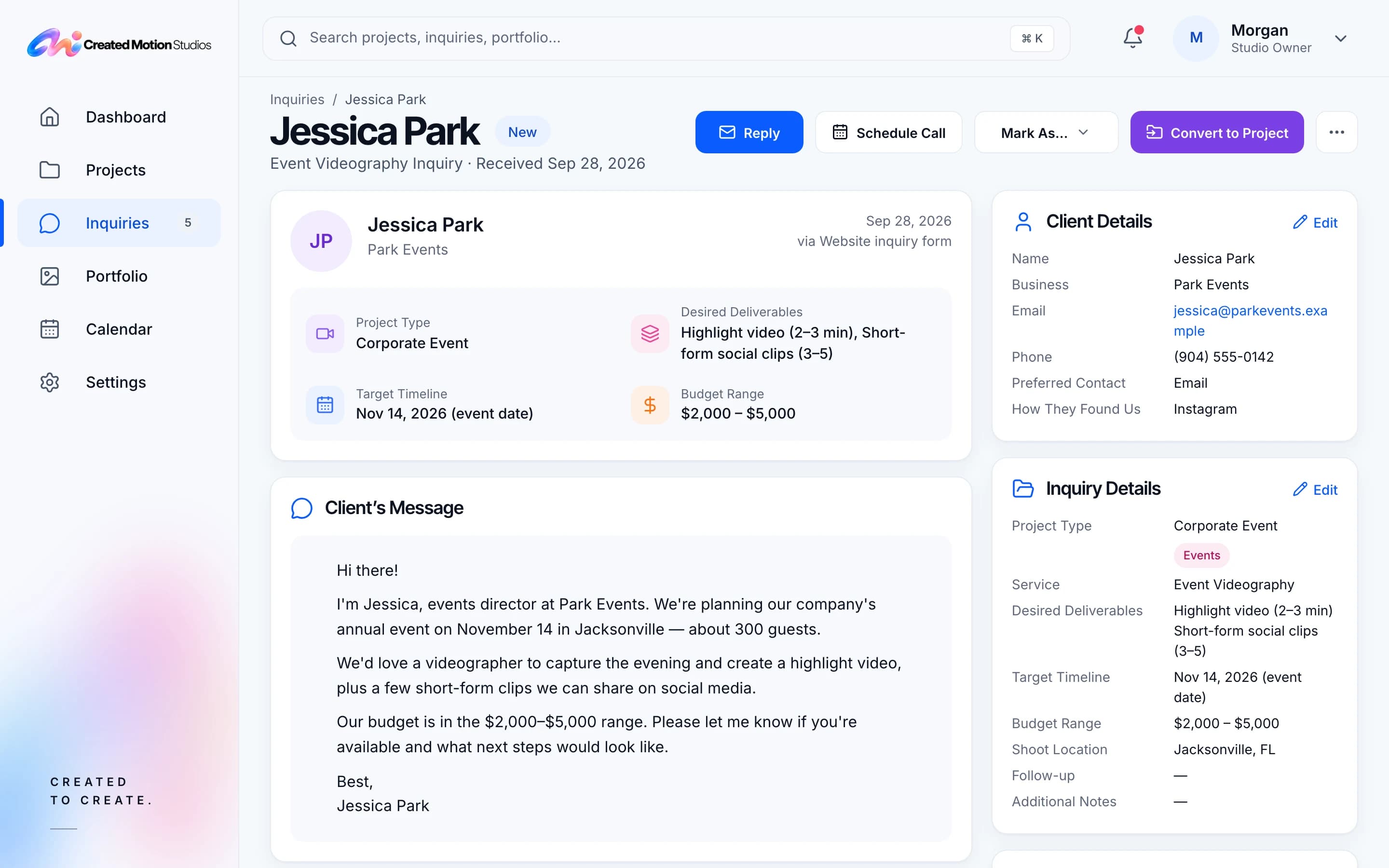 One inquiry in the admin, shown with demonstration data: a fictional client’s brief and details, marked New, with Reply and Convert to Project.