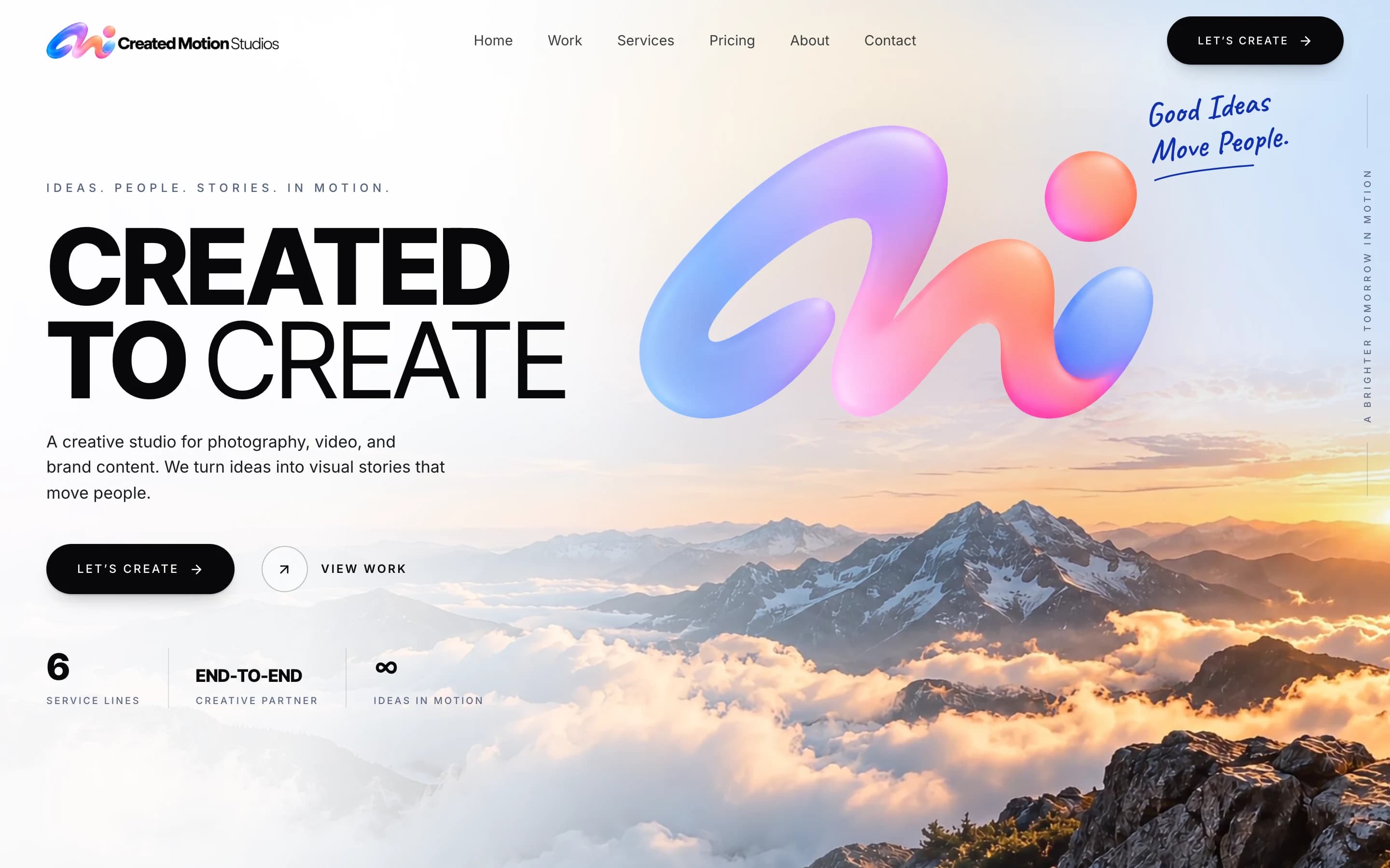 The Created Motion Studios home page at desktop width, with its navigation, headline, and the studio’s three service figures.