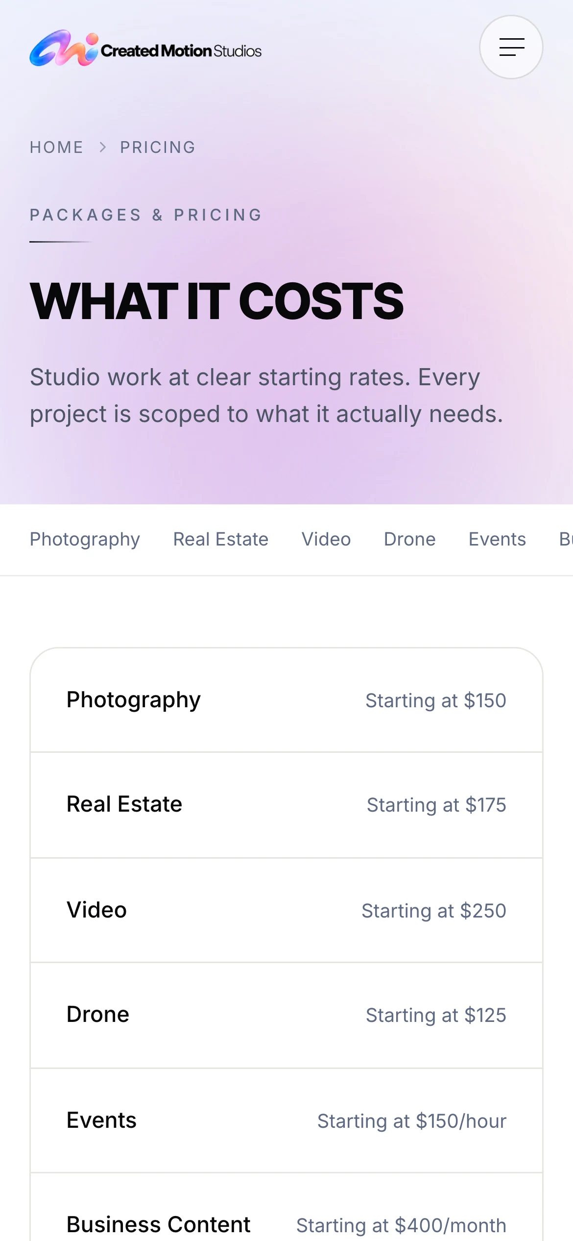 The Created Motion Studios pricing page on a phone, with each service’s starting rate.