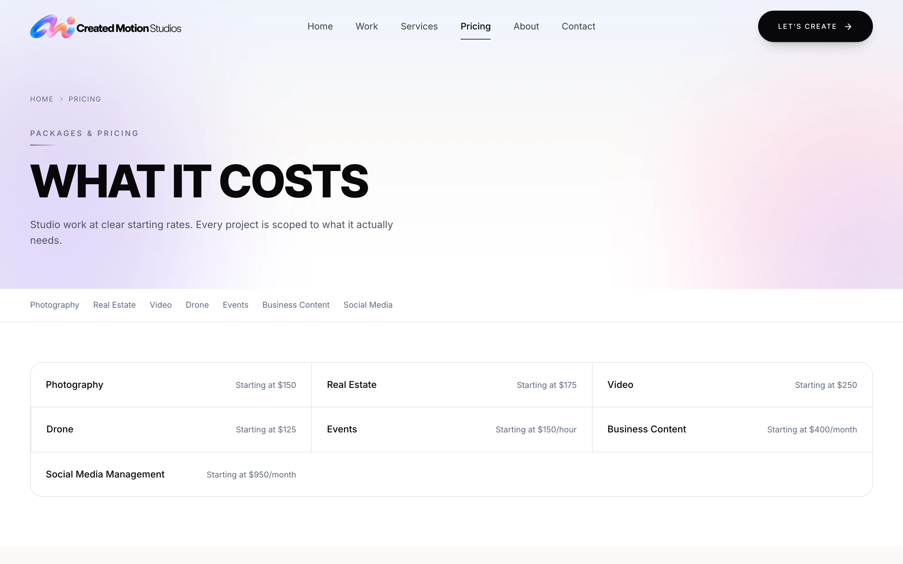 The Created Motion Studios pricing page, with starting rates for each service.