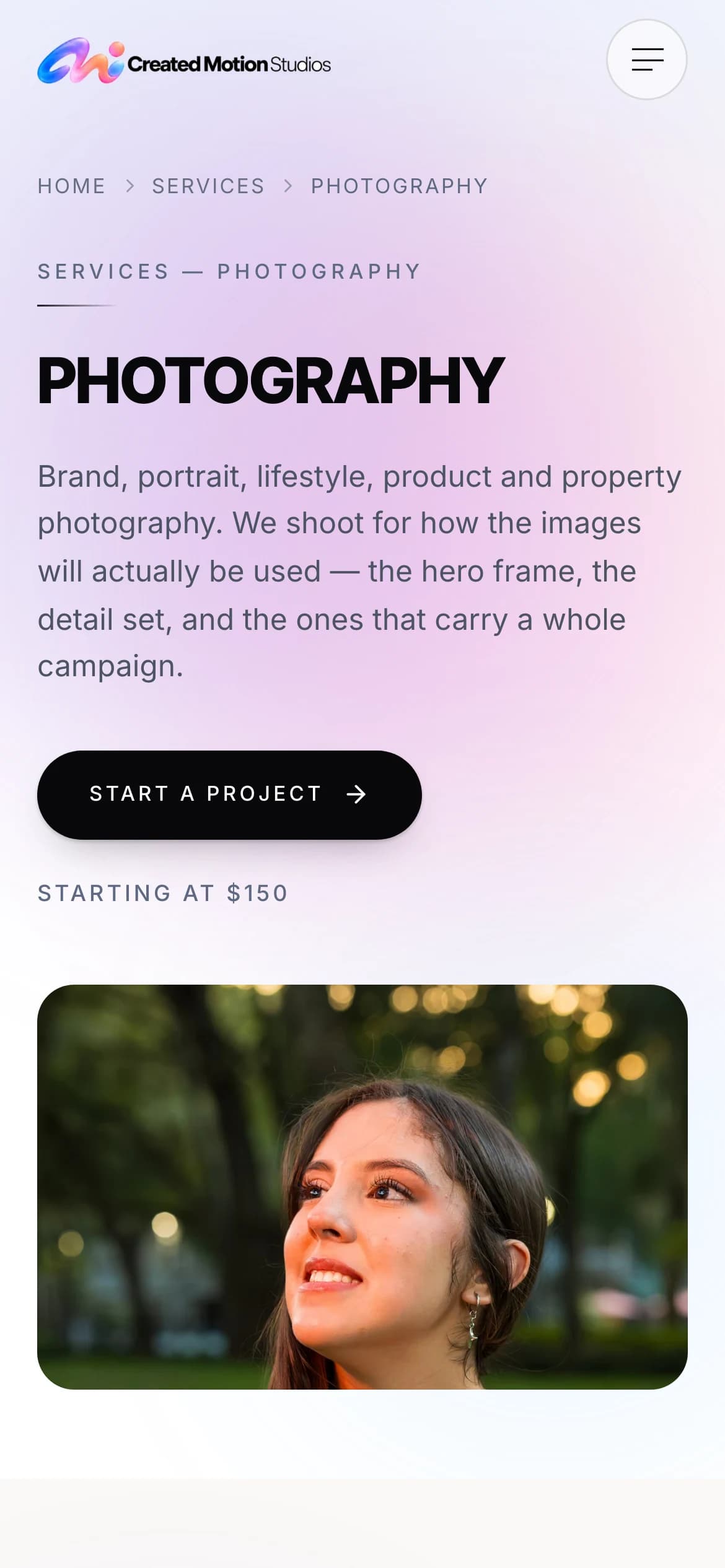 The Created Motion Studios photography page on a phone.