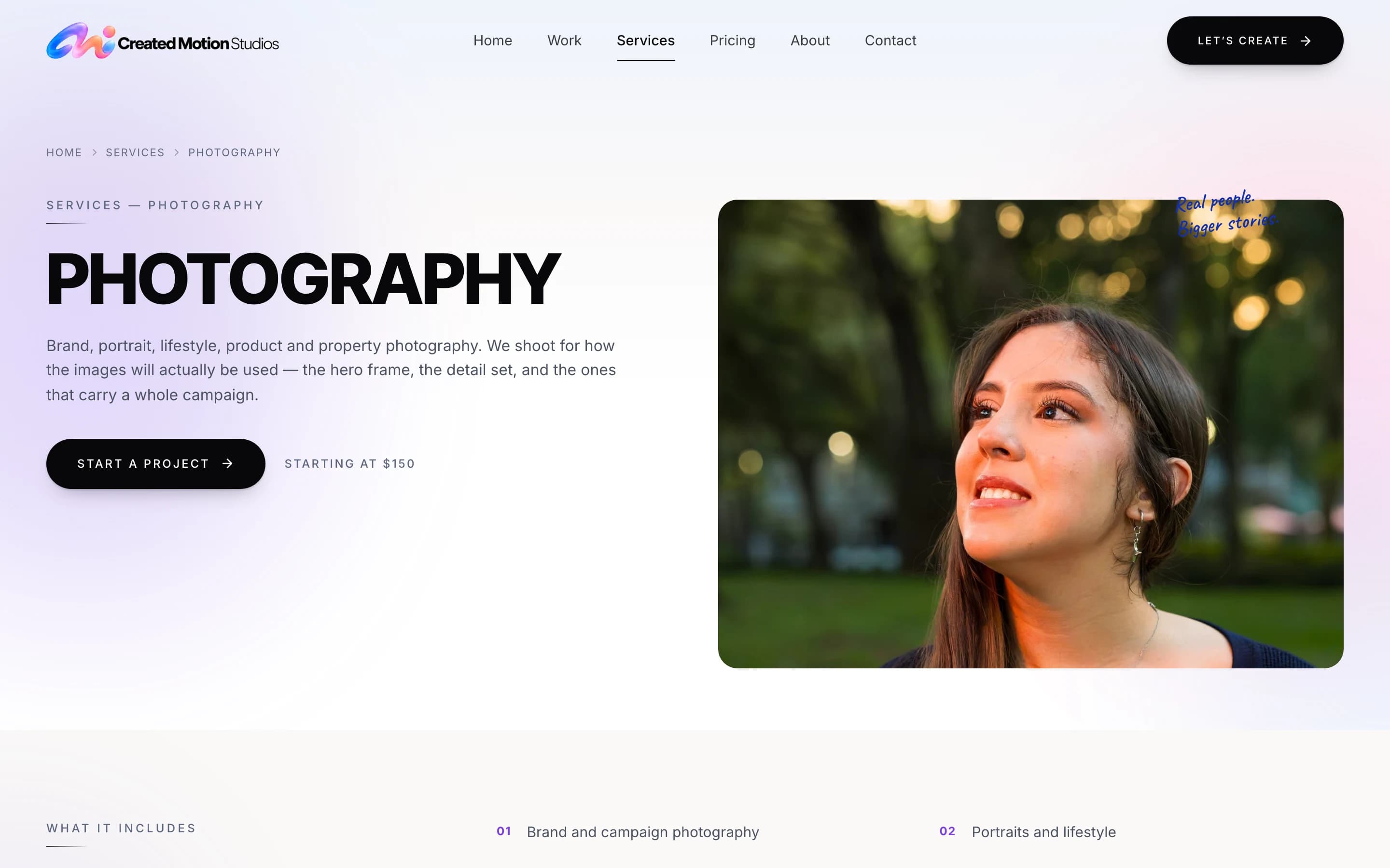 The Created Motion Studios photography page: the service introduced, its starting rate, and a Start a Project button.
