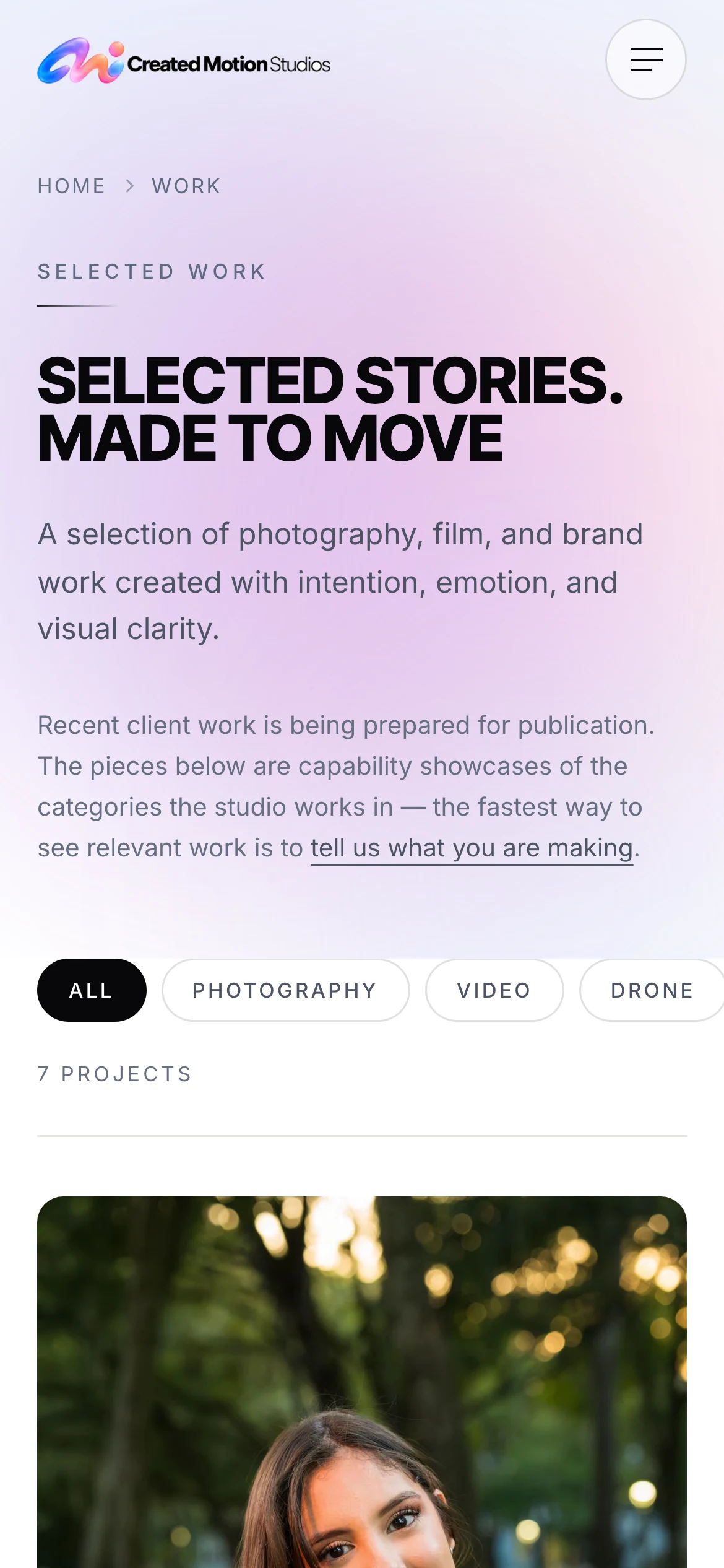 The Created Motion Studios work archive on a phone.