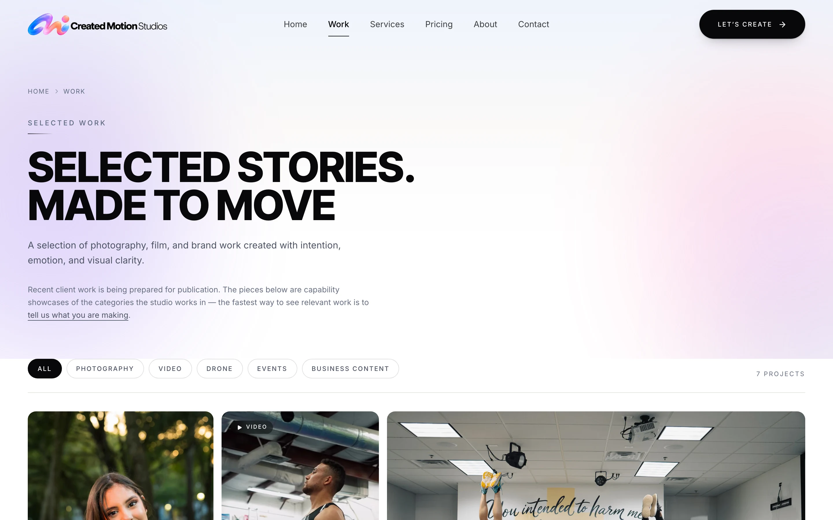 The Created Motion Studios work archive, with filters for photography, video, drone, events and business content.