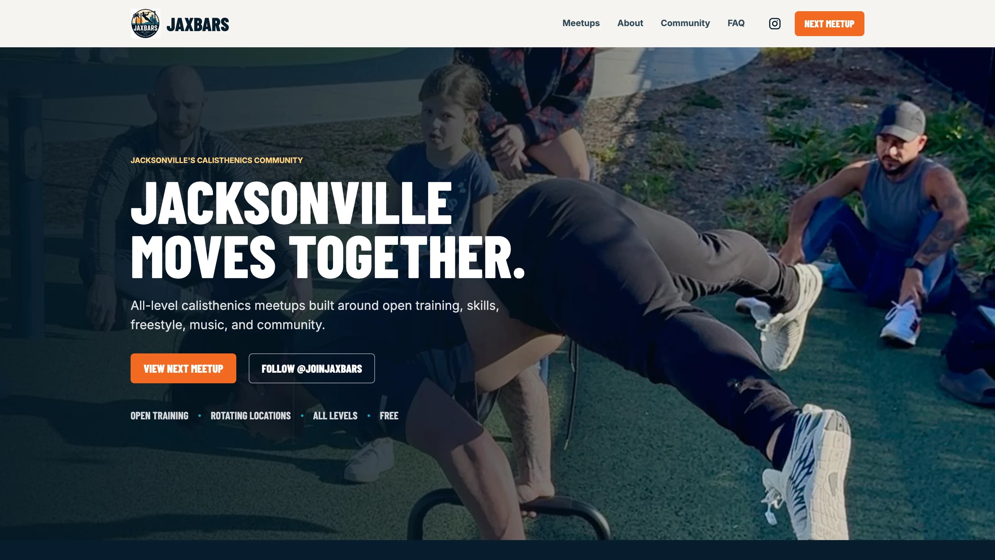 The Jax Bars home page, opening on the community it was built for.