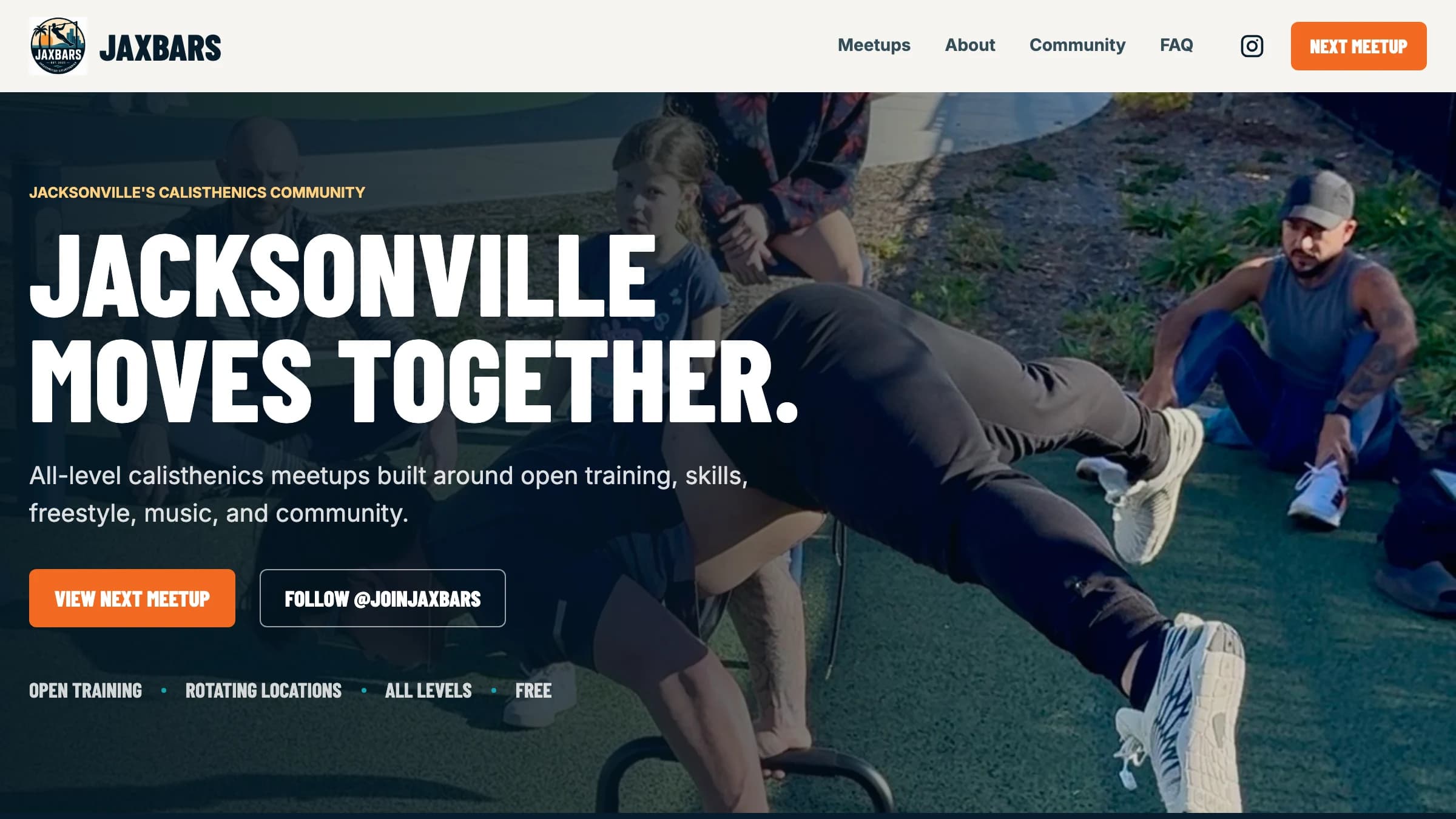 The Jax Bars home page, leading with the community and the next meetup.