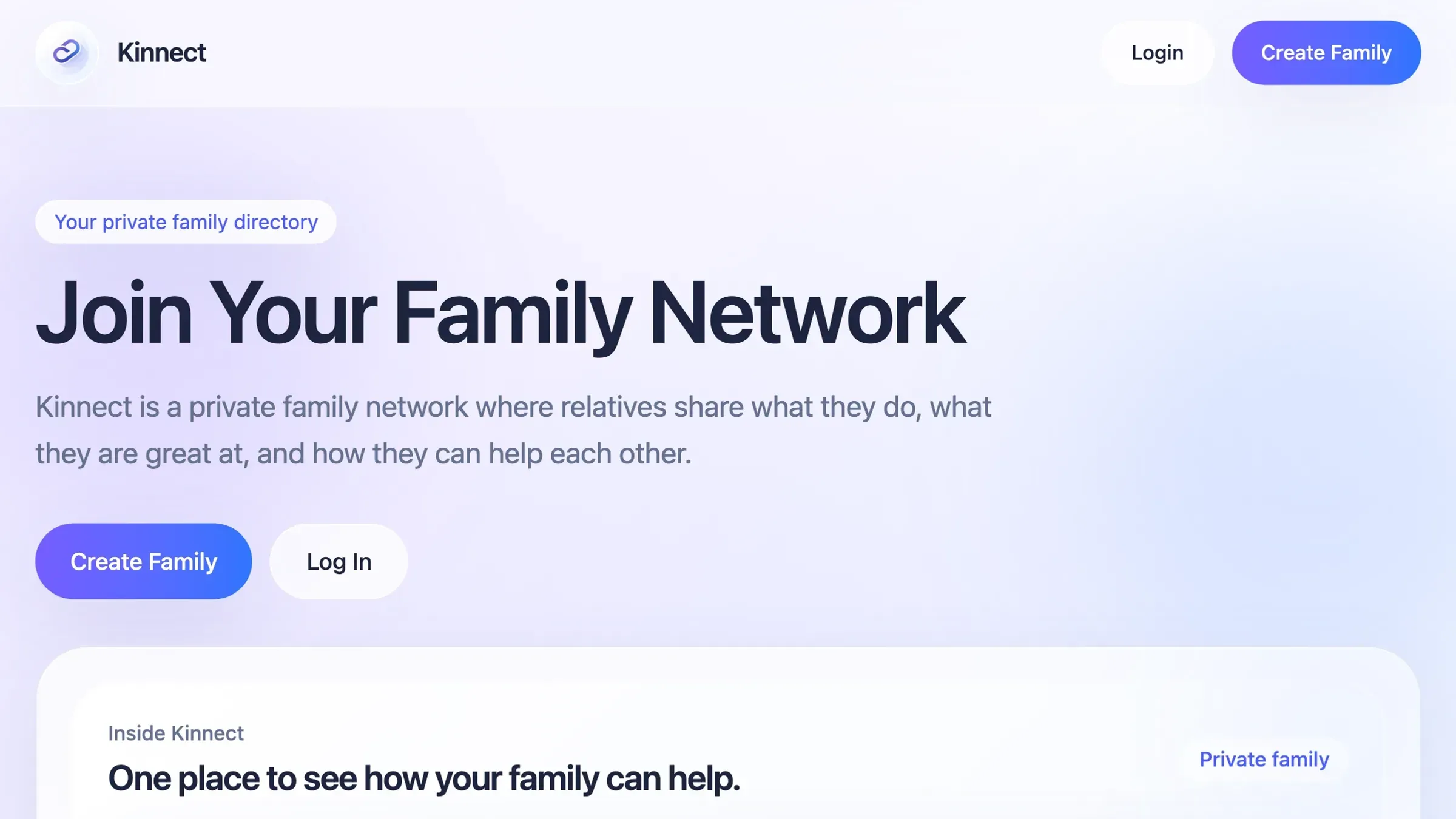 The Kinnect home page: a private family directory, with the sign-up and sign-in paths.
