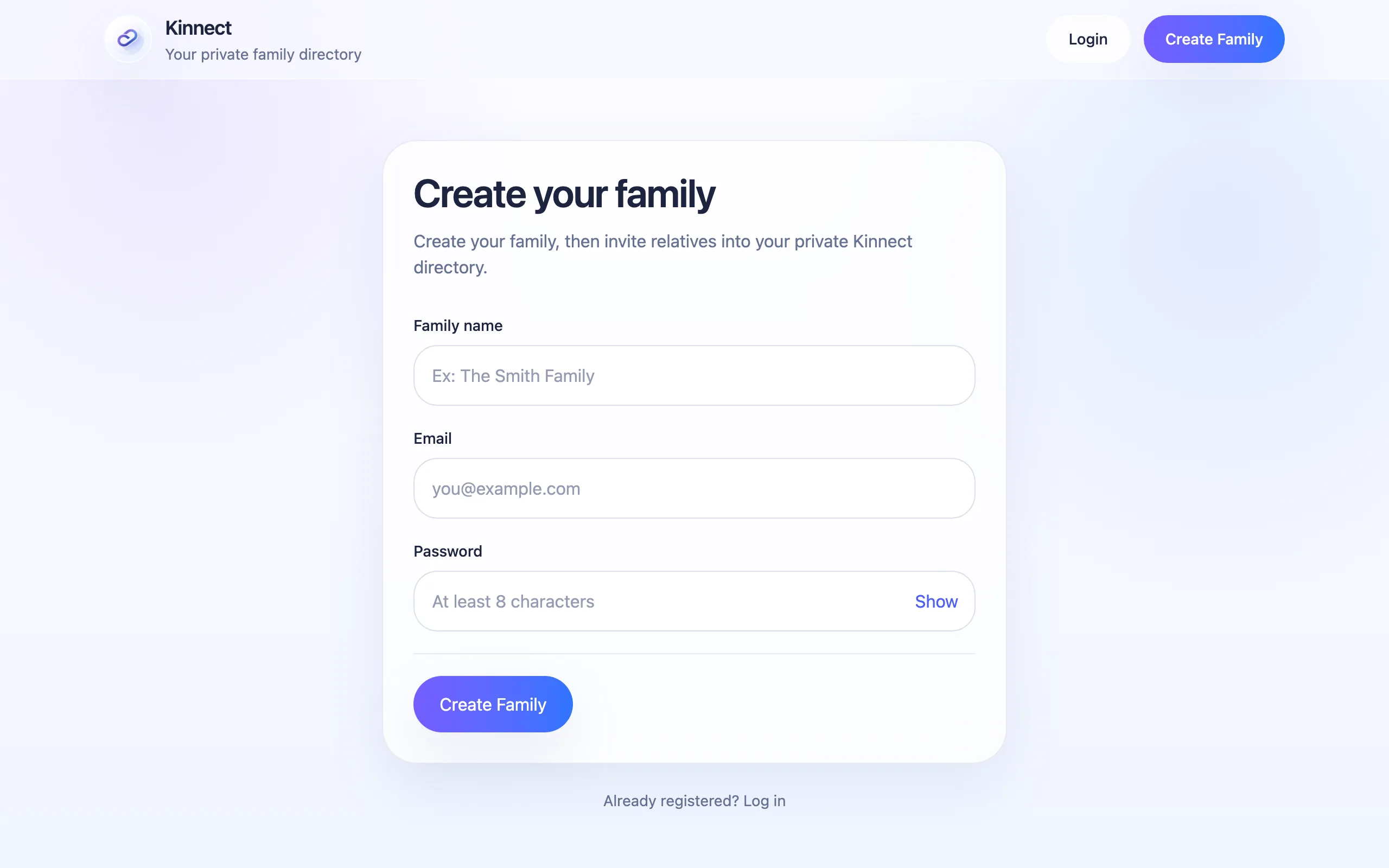 The Kinnect account-creation screen: family name, email, and password, with nothing entered.