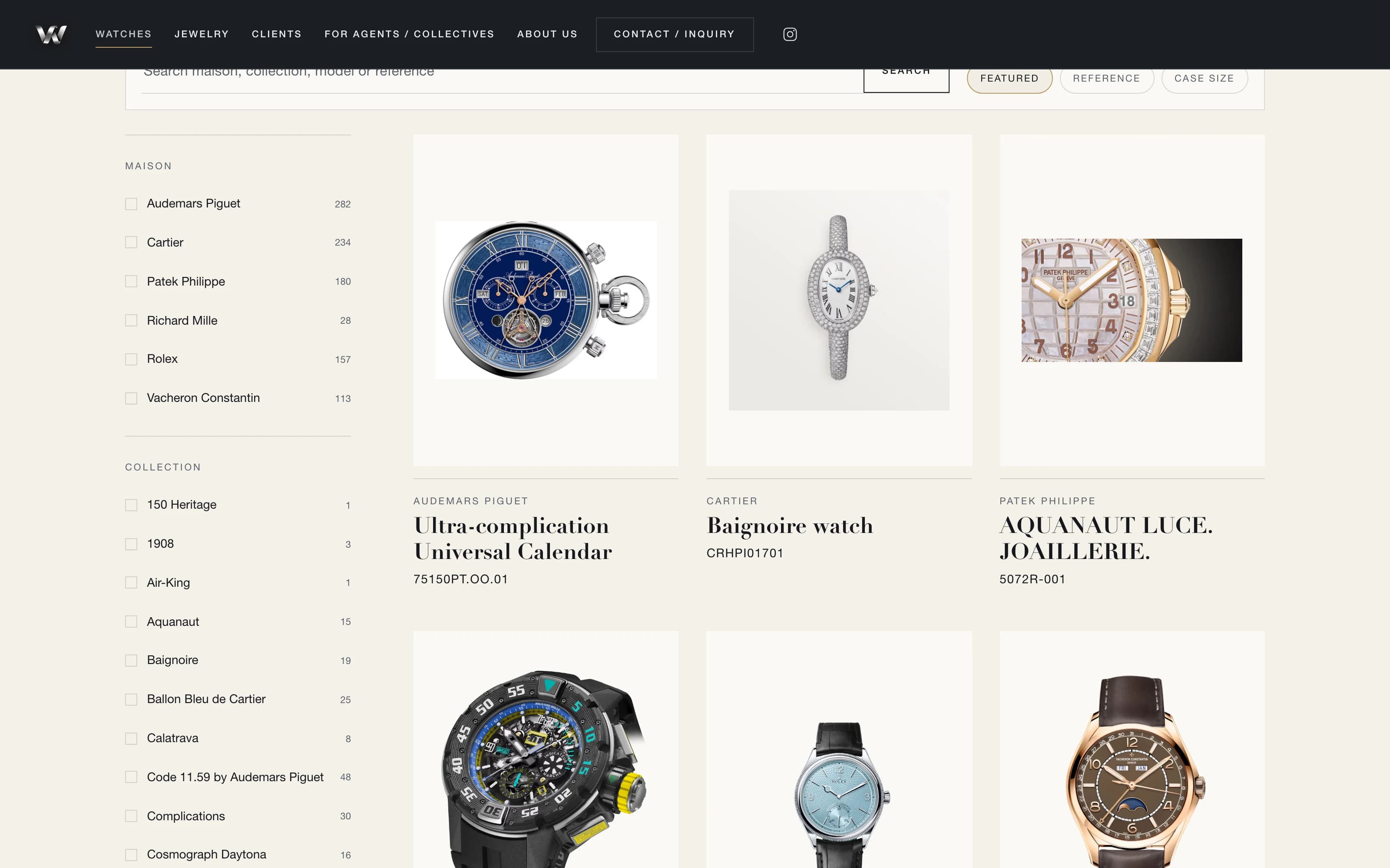 The Wrist Watch catalogue, each piece photographed against a dark ground with no price shown.