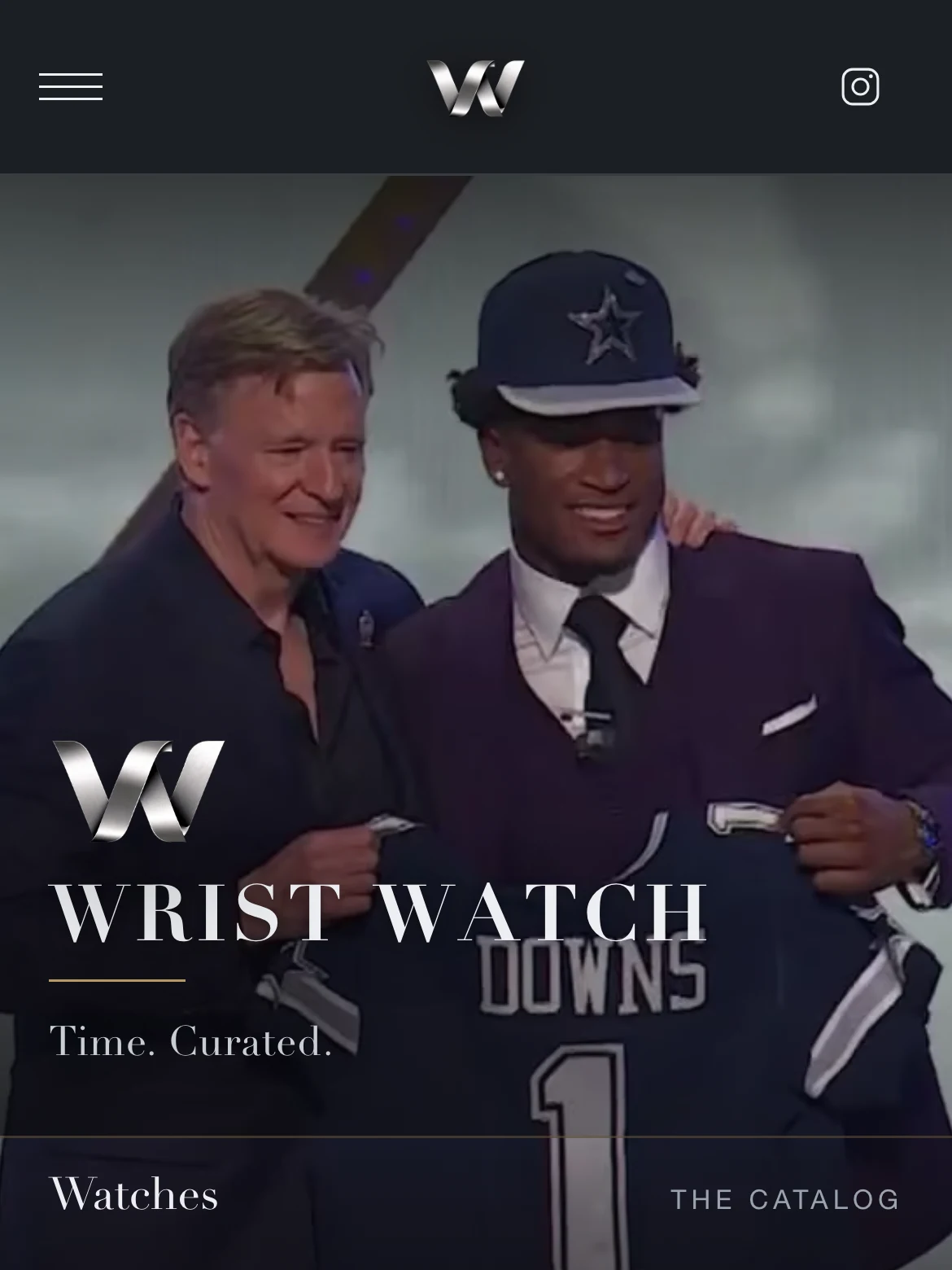 The Wrist Watch home page on a phone, the wordmark set over a full-bleed photograph.