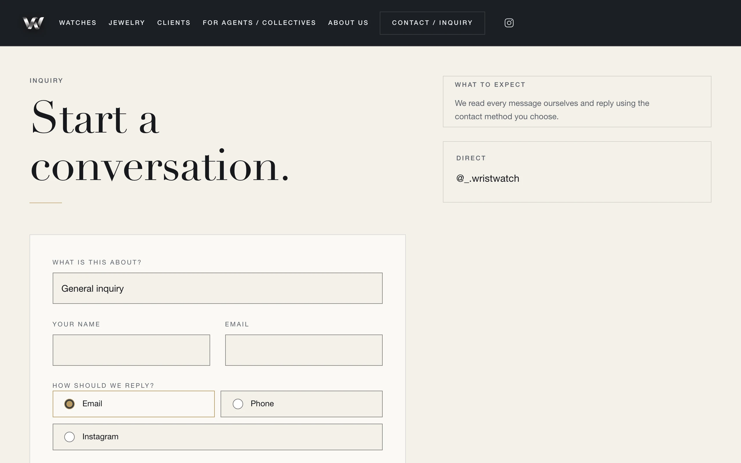 The inquiry form, which routes sourcing, selling, and general enquiries through one set of fields.